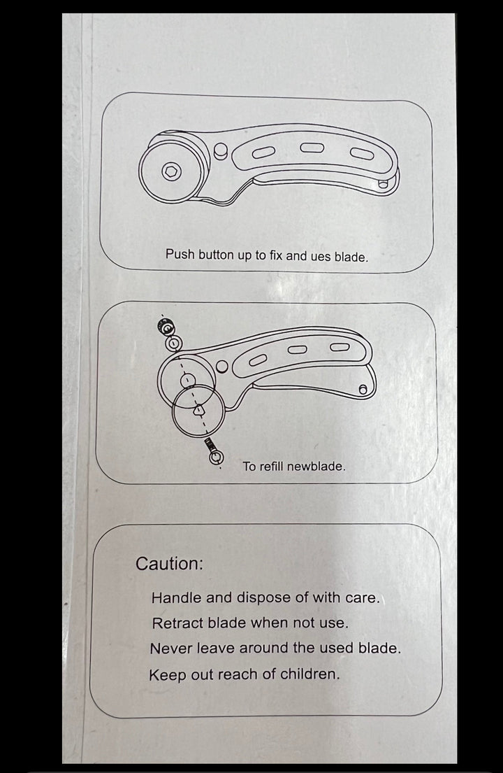 Diagram with instructions for the Super Cheap Fabrics Rotary Cutter - Yellow (45mm): blade installation, refilling steps, safety tips, handling advice, and a reminder to keep this fabric cutting tool away from children.