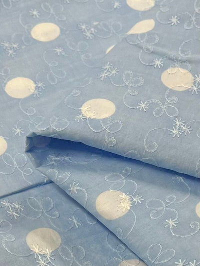 Emroidered Printed Cotton - Baby Blue- 112cm