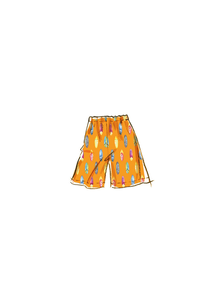 Illustration of vibrant orange beach shorts featuring a surfboard pattern in shades of blue, green, and pink. Crafted from lightweight denim as part of the Mccall’s Pattern M8395 collection for children, girls, and boys by Super Cheap Fabrics, these shorts are displayed against a simple white background.