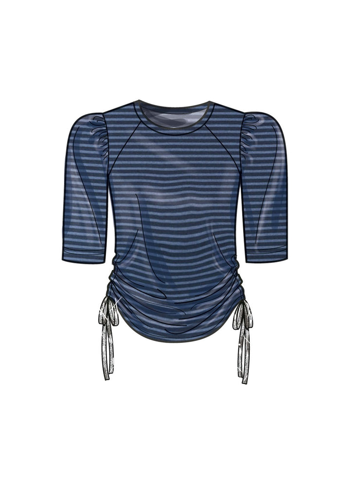 The Pattern - NEW LOOK - 6782 Misses’ Knit Top and Skirt from Super Cheap Fabrics is a blue and black striped stretch knit top with ruched, bow-tied sides and puffed short sleeves, shown against a plain white background.