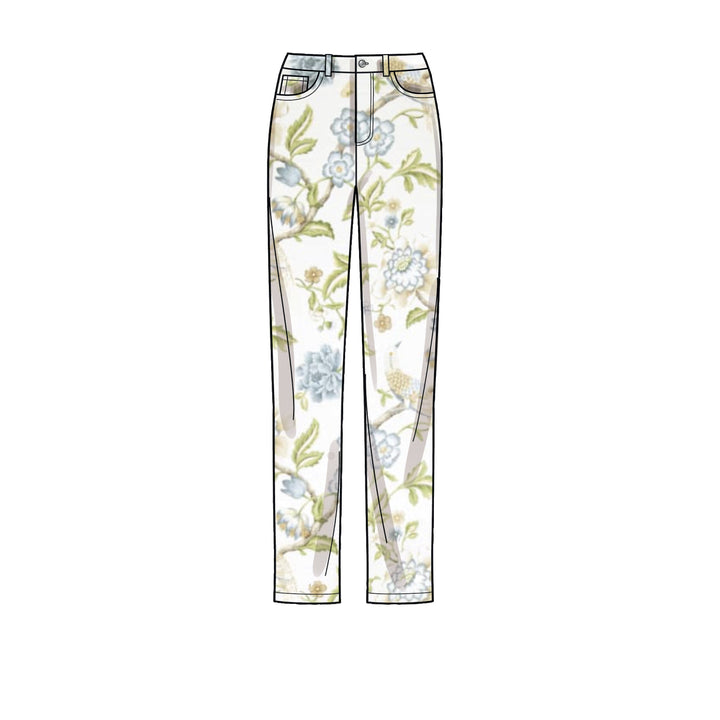 Illustration of the "Simplicity - S9266 - Misses and Women's Vintage Jeans" by Super Cheap Fabrics. These ankle-length white trousers feature a soft floral pattern, with blue and green flowers along with stems and leaves. They include belt loops, a button closure, and side pockets, offering a touch of vintage denim charm.