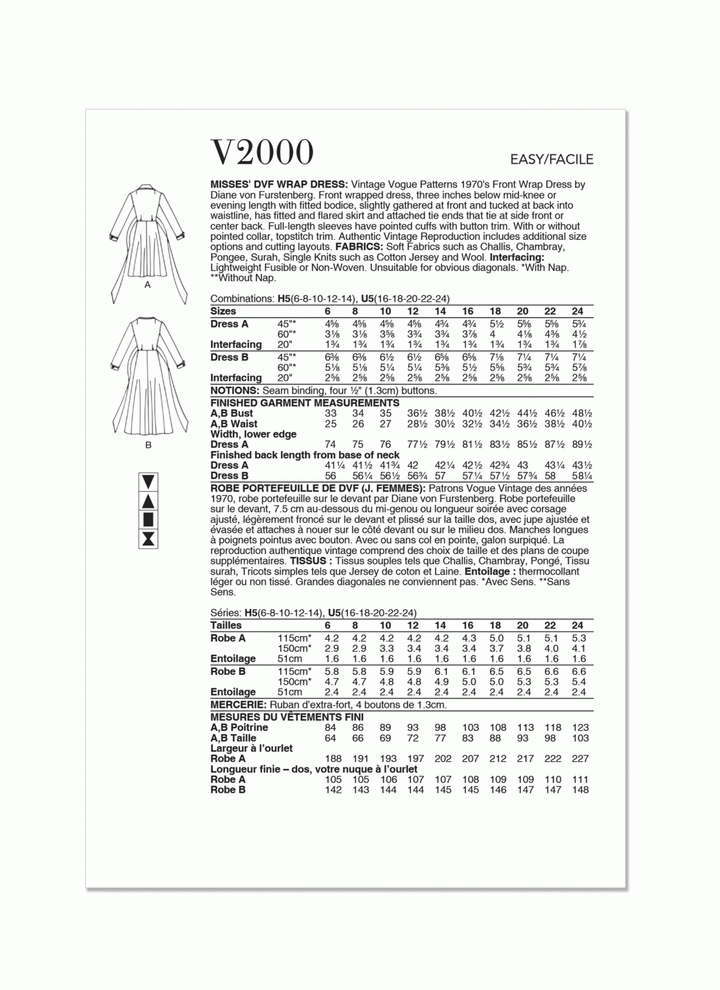 Instruction sheet for the Pattern - Vogue - V2000 - Misses’ DVF Wrap Dress by Diane von Furstenberg from Super Cheap Fabrics, with black and white line drawings, size charts, fabric needs, and measurements for multiple sizes.